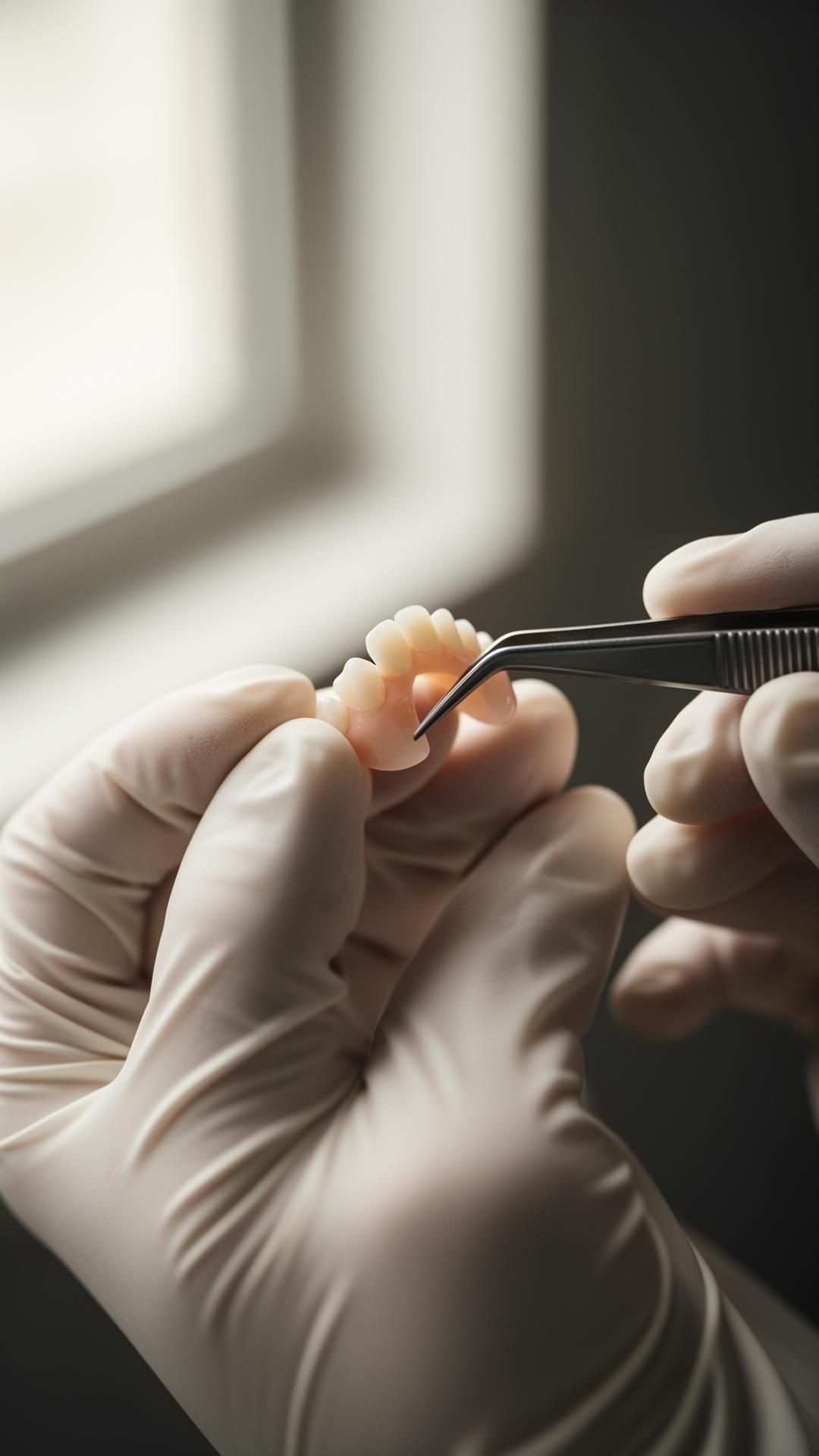 Prothésiste manipulant une prothèse à la pince de précision